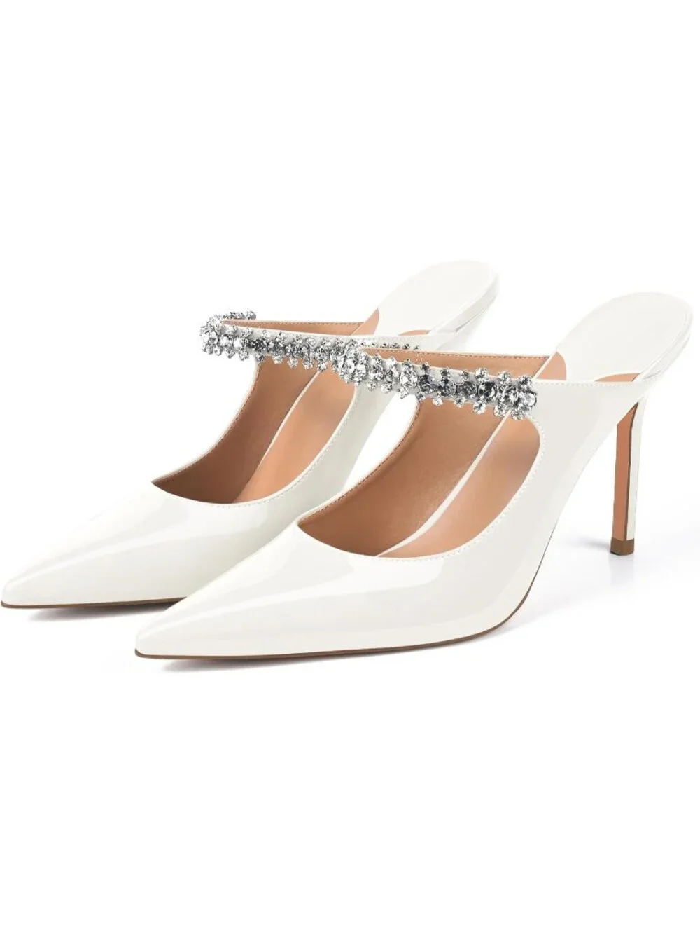Women's White Rhinestone Heels Pointed Toe Slip On 4